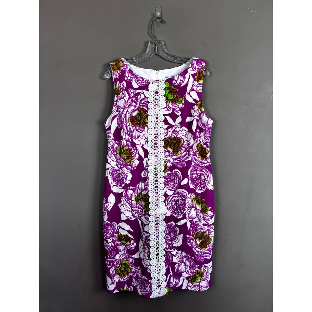 J Howard Womens Purple Floral Crochet Lace Trim‎ Sleeveless Shift Dress Size 12
